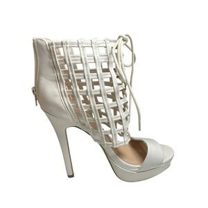 ShoeDazzle Size 8 White Cage Heels Lace Up Platform Strappy Open Toe Chic